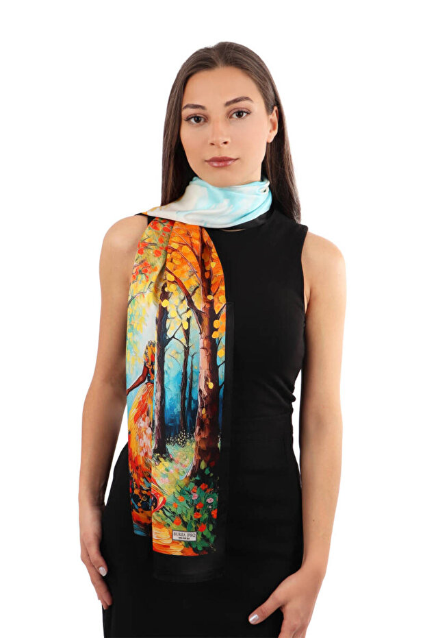 Orange Forest Pattern Silk Scarf - 2