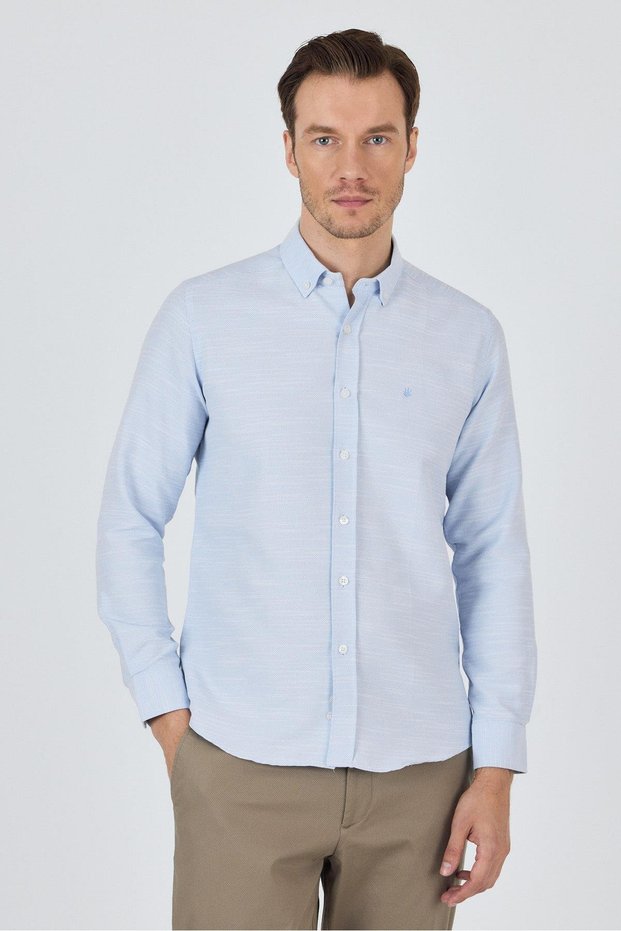 Blue Long Sleeve Patterned Dobby Buttoned Collar Pocketless Cotton Classic Slim Fit Shirt 1004250205