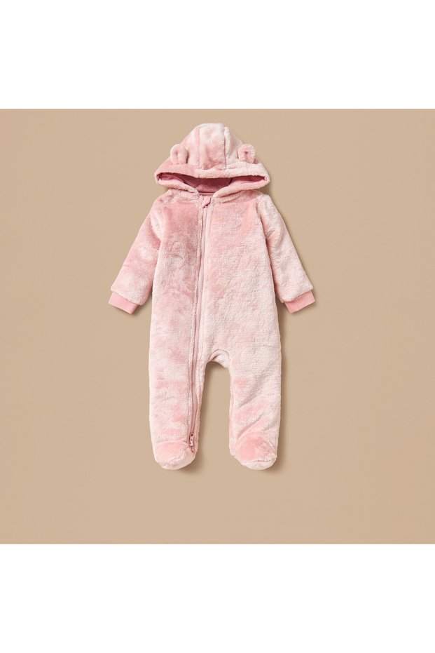 Ear Applique Closed Feet Hooded Sleepsuit with Zip Closure