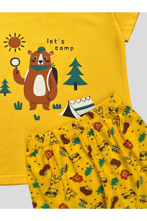 Erkek Çocuk %100 Pamuklu Sarı Ayıcık Çadır Kamp Desenli Kısa Kollu Şortlu Pijama Takımı - 2