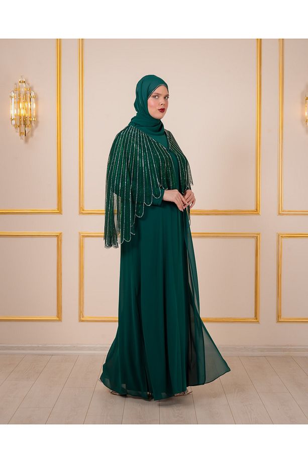 Likralı İç Elbise Üzerine Taş İşlemeli Büyük Beden Şifon Abiye Kaftan - 3