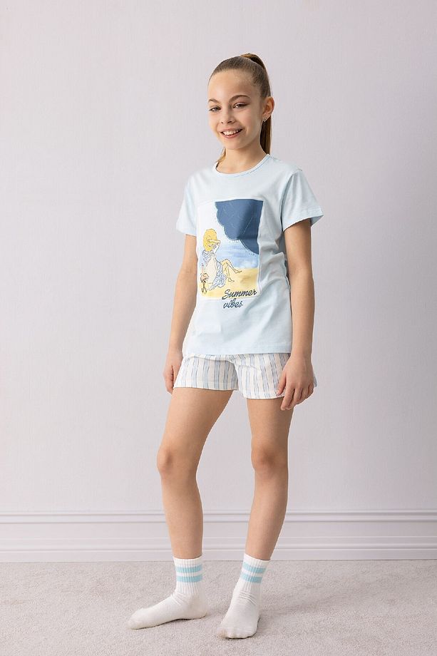 Kız Çocuk Pijama Takımı Baskılı Kısa Kollu Üst Esnek Belli Kısa Şort E6232a825sp - 1