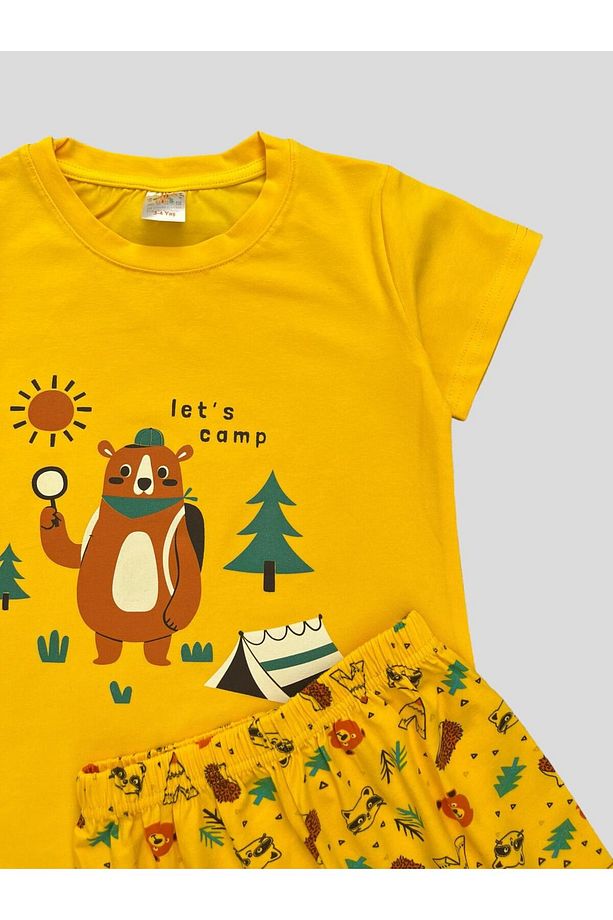 Erkek Çocuk %100 Pamuklu Sarı Ayıcık Çadır Kamp Desenli Kısa Kollu Şortlu Pijama Takımı - 3