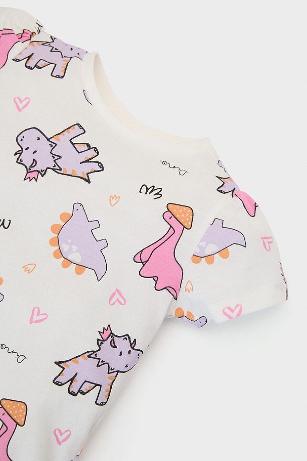 Kız Bebek Pijama Takımı Dinazor Baskılı Kısa Kollu Penye Pijama Üstü Esnek Belli Uzun Pijama Altı E1 - 5