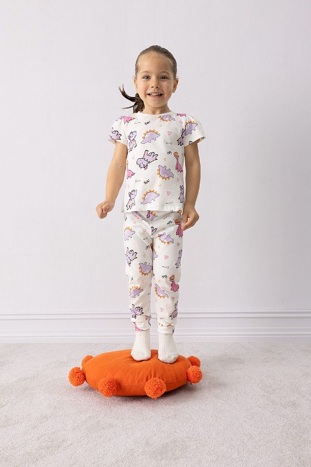 Kız Bebek Pijama Takımı Dinazor Baskılı Kısa Kollu Penye Pijama Üstü Esnek Belli Uzun Pijama Altı E1 - 1
