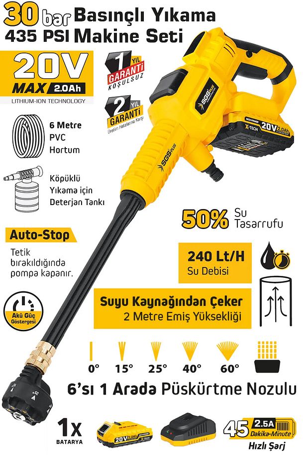 30 Bar Akülü Basınçlı Araç Oto Yıkama Tabancası Yüksek Basınçlı Yıkama Makinesi - 3