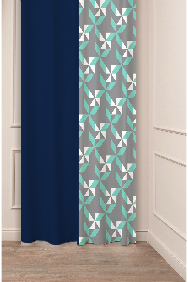 Geometric Line Plain Square Patterned Special Design Digital Printed (Single Wing) Navy Blue Gray Background Curtain