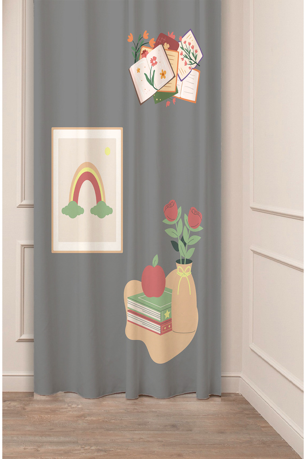 Letter Love Apple Flower Leaf Bohemian Patterned Special Design Digital Printed (Single Wing) Gray Background Curtain
