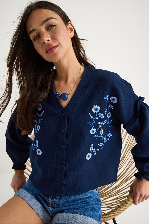 Women's Navy Blue V-Neck Embroidered Elastic Sleeves Summer Muslin Shirt G28-4889 60283343