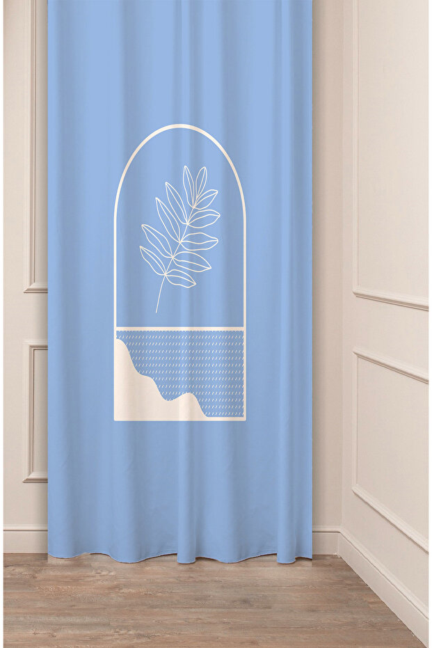 Wave Leaf Bohemian Plain Soft Patterned Special Design Digital Printed (Single Wing) Blue White Background Curtain