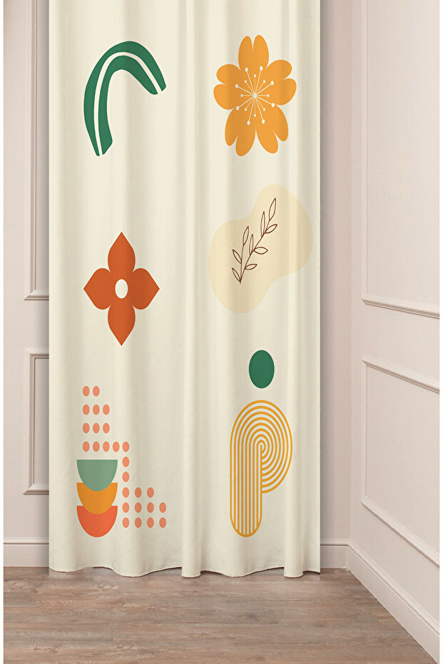 Bohemian Flower Geometric Line Cream Patterned Special Design Digital Printed (Single Wing) Modern Background Curtain