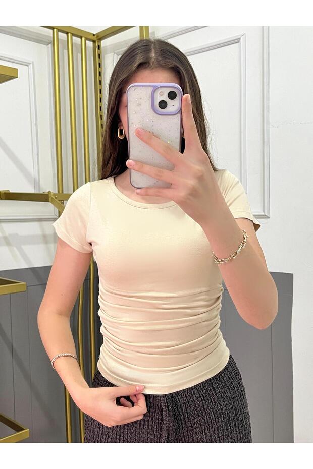 New Product Waist Gathered Crew Neck Viscose Blouse