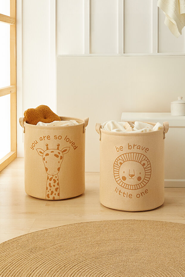 2-Piece Kids Room Jute Linen Toy Organizer Multi-Purpose Dirty Basket, Storage Basket 33X40