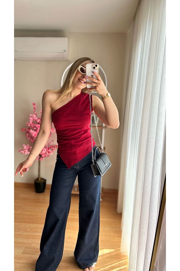 Kadın Tek Kol Asimetrik Bordo Bluz - 4
