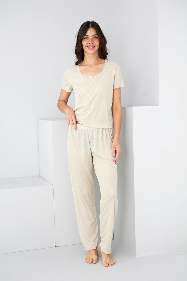 taş rengi Pointel Ajurlu/Delikli Örme Pijama Takım7893 - 3