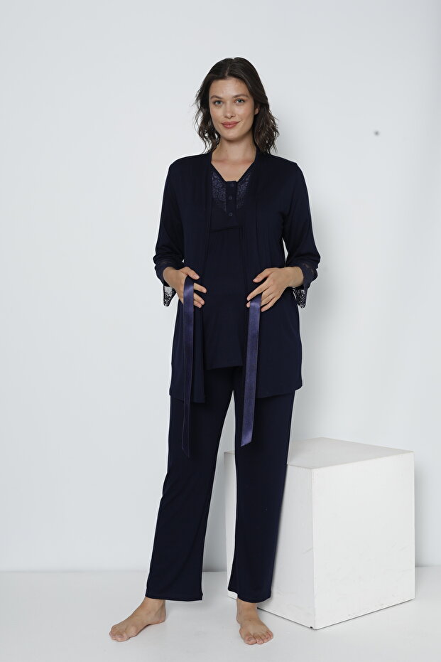 Lace Detailed Maternity and Postpartum Pajama Set with Dressing Gown Suitable for Breastfeeding