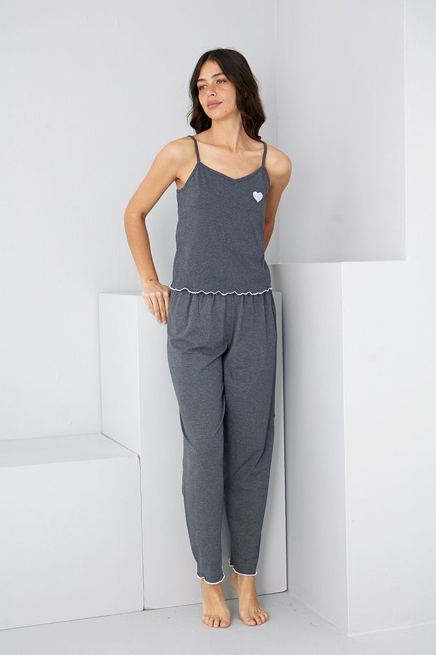 antrasit kalp Nakışlı İp Askılı Örme Pijama Takım7883 - 2