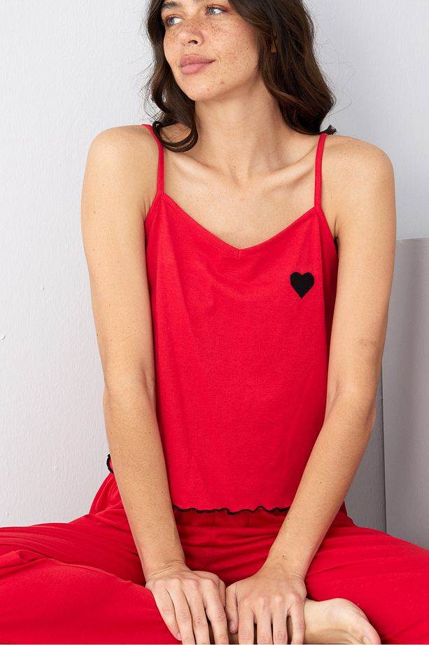 kırmızı kalp Nakışlı İp Askılı Örme Pijama Takım7883 - 1