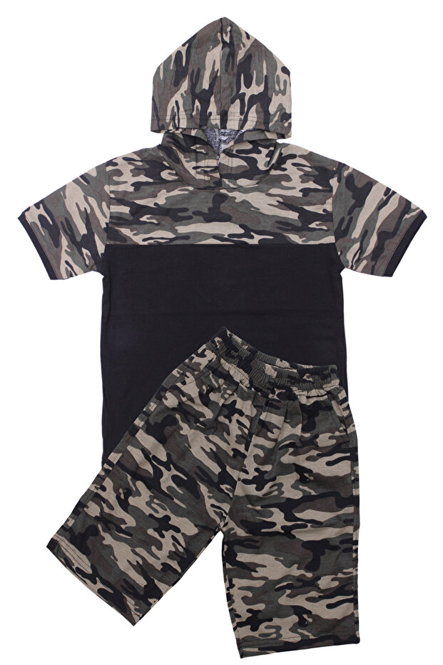 Boy's Hooded Camouflage Patterned Capri-Sweatshirt Bottom Top Set