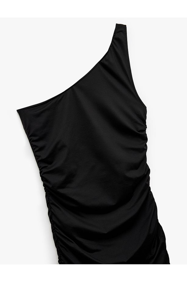 Drapeli Slim Fit Asimetrik Tek Omuz Elbise - 6