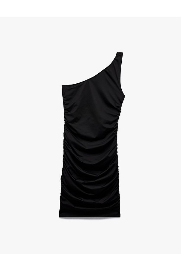 Drapeli Slim Fit Asimetrik Tek Omuz Elbise - 4