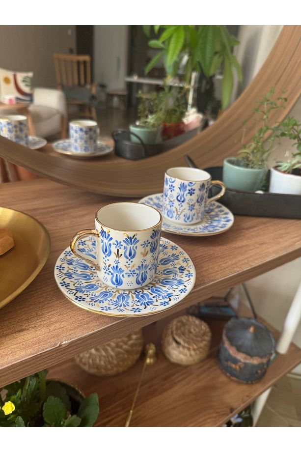 Endülüs 2 kişilik el yapımı porselen 24k altın işlemeli handmade kahve fincan set - 5
