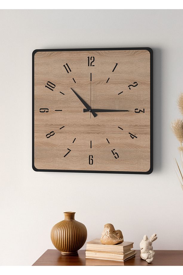 Modern Tasarım Ahşap Duvar Saati | Siyah & Sonomo MDF | 48cm Büyük Boy - 4
