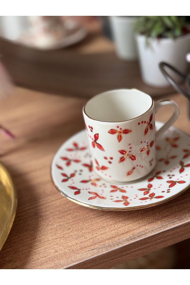 Elhambra 2 kişilik el yapımı 24K altın işlemeli porselen handmade kahve fincan seti - 4