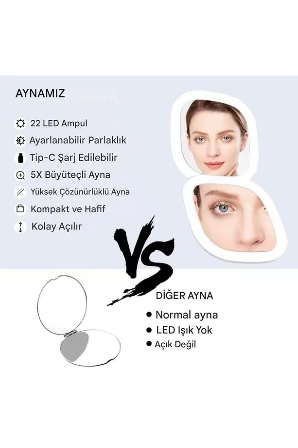5X Büyüteçli, 3 Renk LED Işıklı, Taşınabilir, Katlanabilir, Şarjlı, Cep Boy Makyaj Aynası - 2