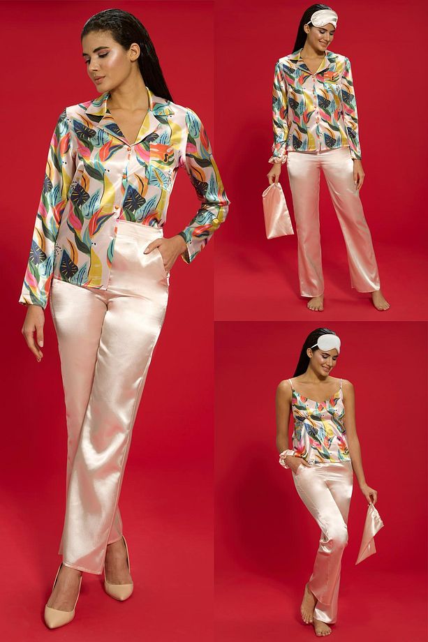 6'lı Çicek Desen Somon Pijama Takımı - 2