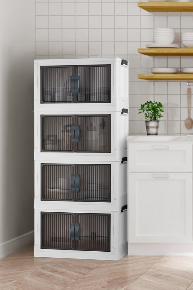 Kitchen Life 4'lü Portatif Istiflenebilir Organizer Mıknatıslı Kapaklı Dolap - Sert Plastik Mutfak Banyo Dolabı