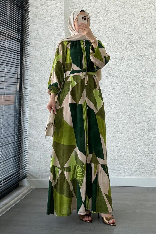 Geometric Pattern Belted Viscose Dress-Green