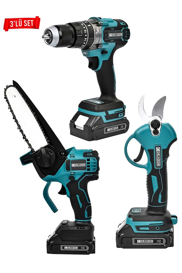 Powerforge 3'lü Set Kömürsüz Motor Şarjlı Budama Testeresi-Şarjlı Budama Makası-Şarjlı Matkap-Mavi - 3