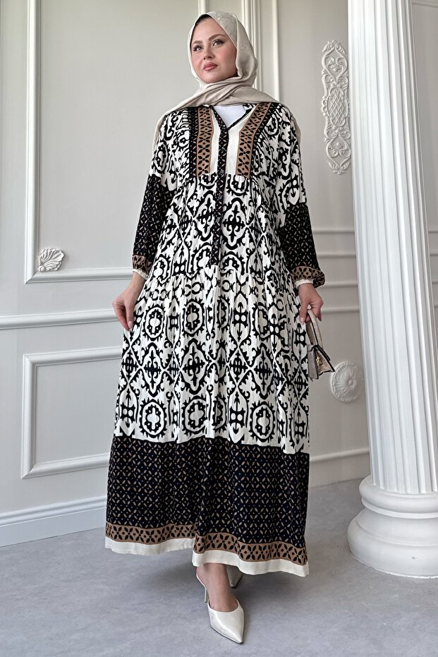 Patterned Buttoned Loose Black Viscose Dress - 2