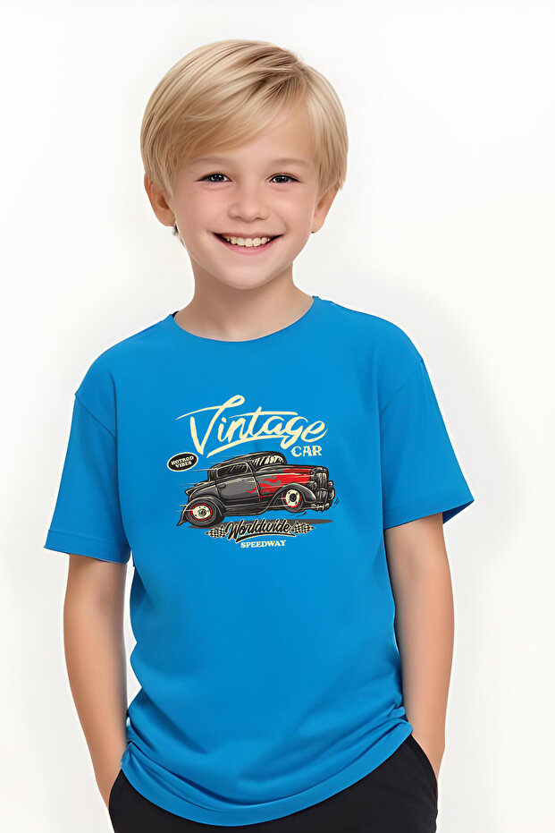 Boys Round Neck Intage Car Printed T-Shirt