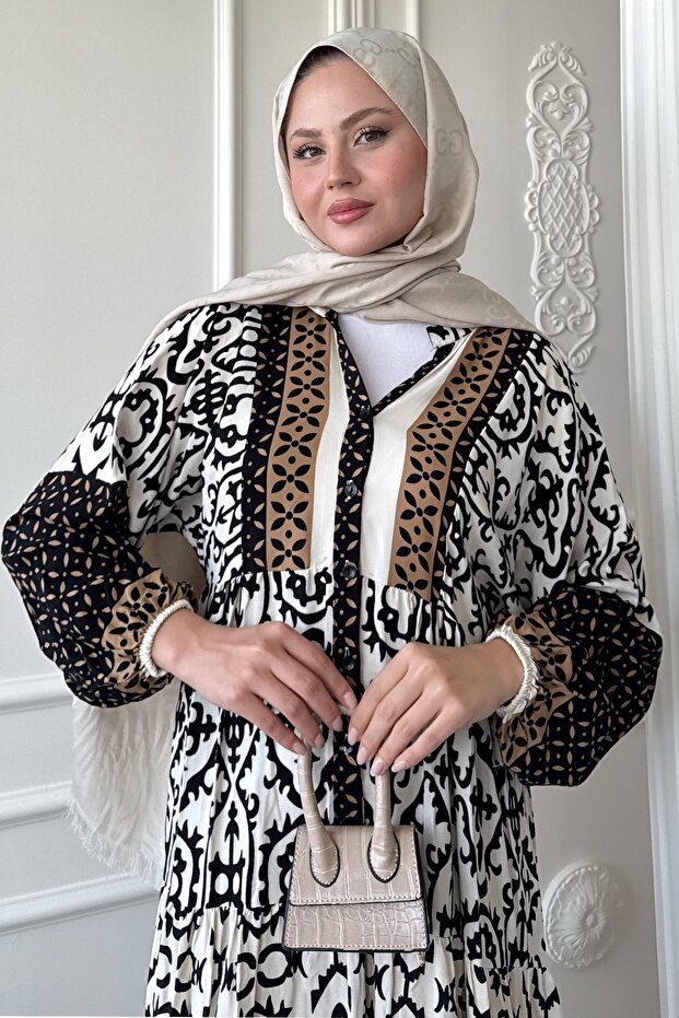 Patterned Buttoned Loose Black Viscose Dress - 4