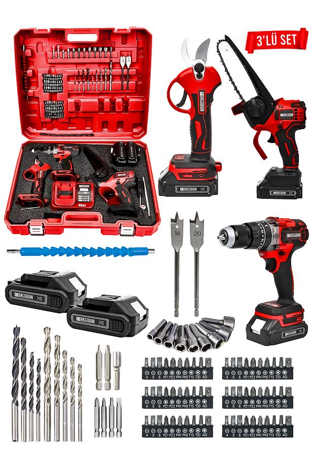 Powerforge 3'lü Set Kömürsüz Motor Şarjlı Budama Testeresi-Şarjlı Budama Makası-Şarjlı Matkap-Krmz - 1