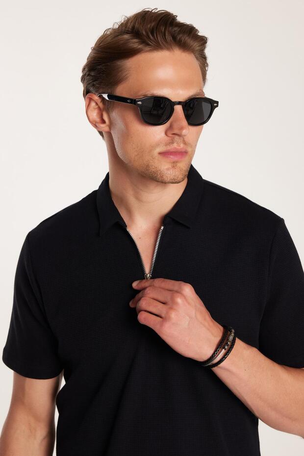 Men's Slim Fit Slim Fit 100% Cotton Zippered Black Polo Neck T-Shirt