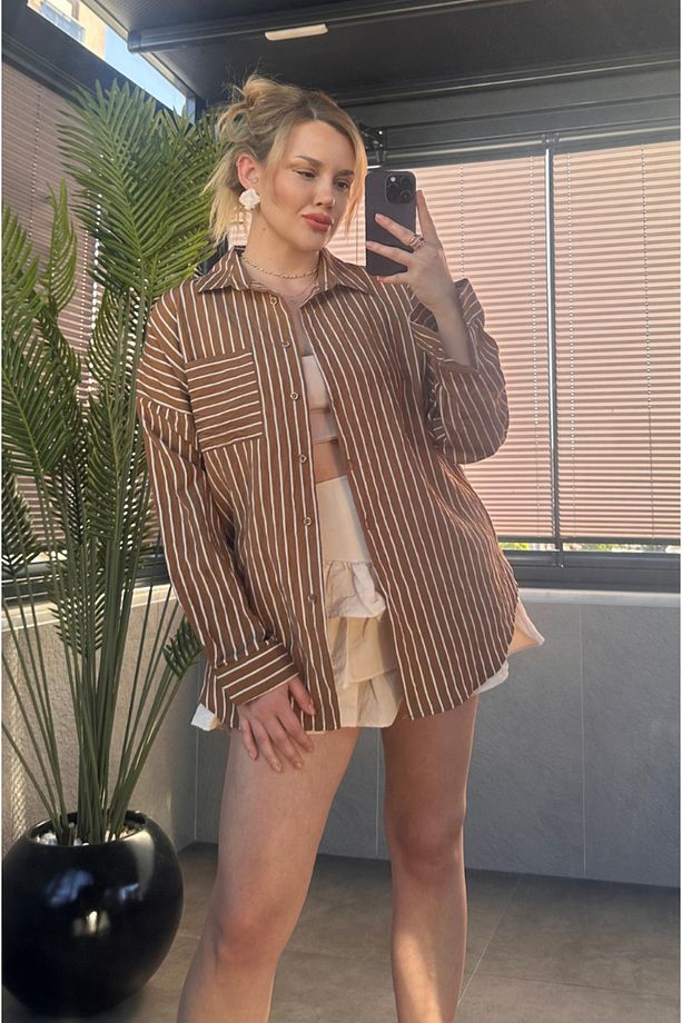 Camel Tek Cepli Çizgili Oversize Modal Gömlek - 3