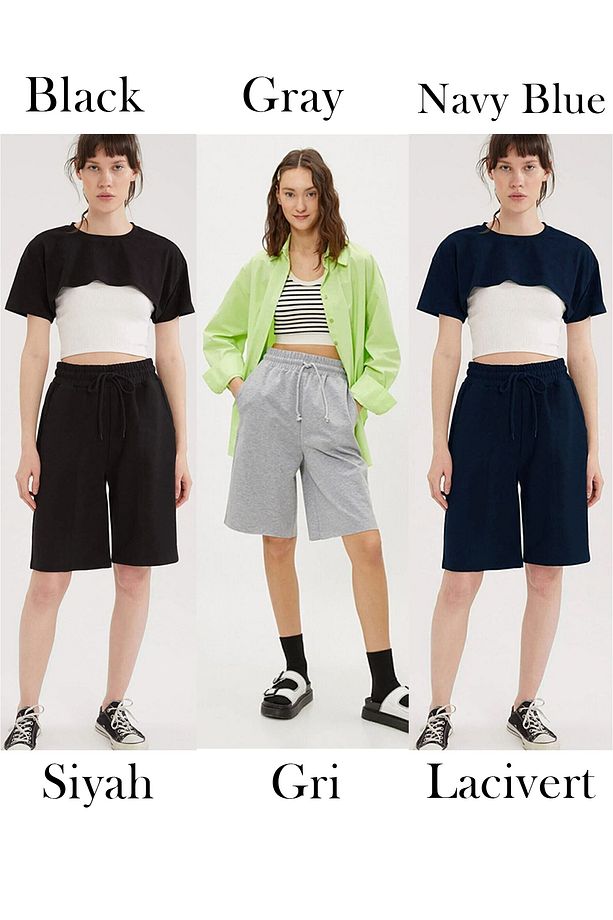 3' lü Comfort Label Bağcıklı Oversize Uzun Kadın Bermuda Şort - 1