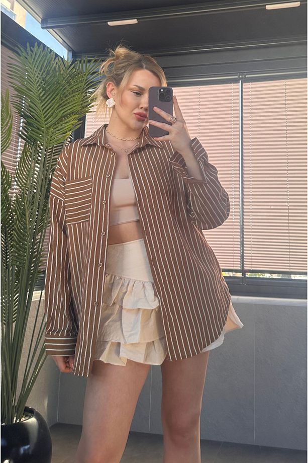 Camel Tek Cepli Çizgili Oversize Modal Gömlek - 4
