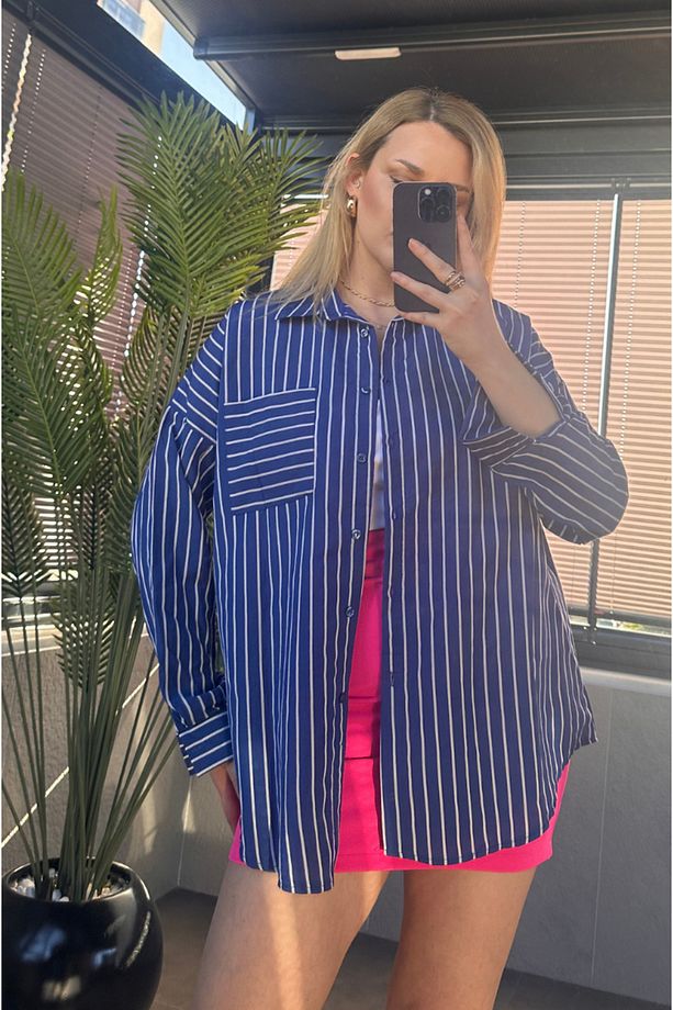 Koyu Mavi Tek Cepli Çizgili Oversize Modal Gömlek - 6