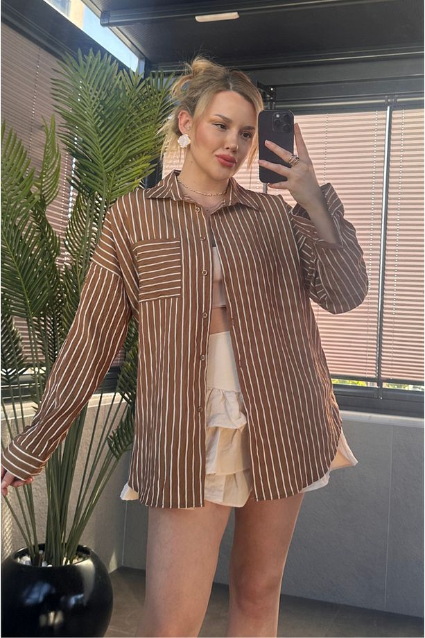Camel Tek Cepli Çizgili Oversize Modal Gömlek - 5