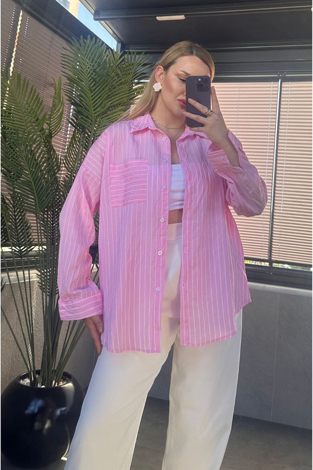 Pembe Tek Cepli Çizgili Oversize Modal Gömlek - 6