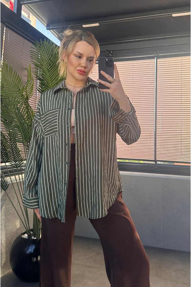 Haki Tek Cepli Çizgili Oversize Modal Gömlek - 5