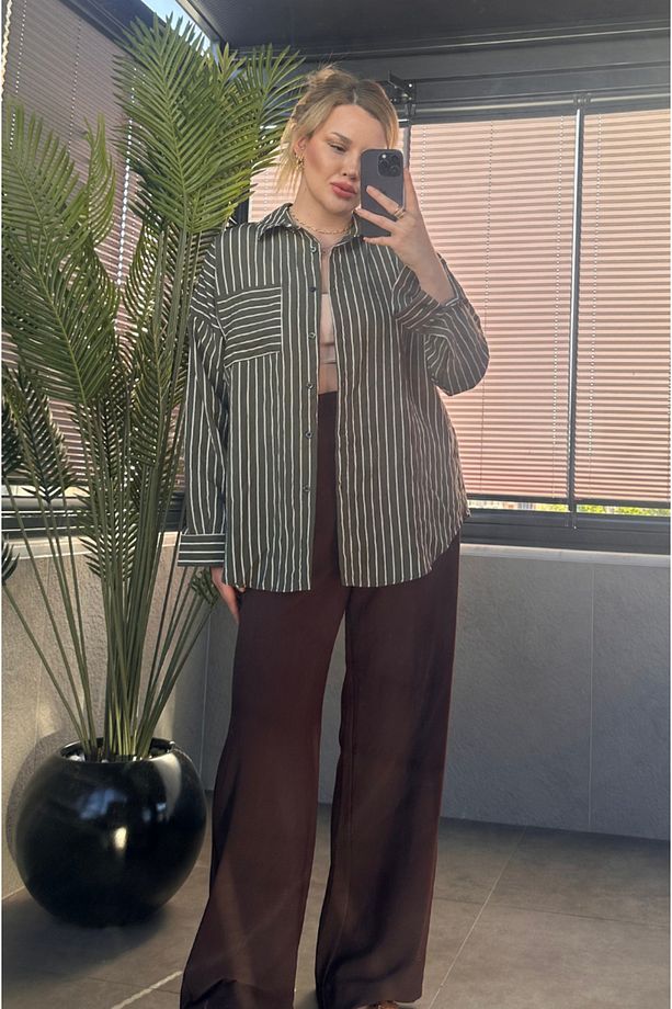 Haki Tek Cepli Çizgili Oversize Modal Gömlek - 7