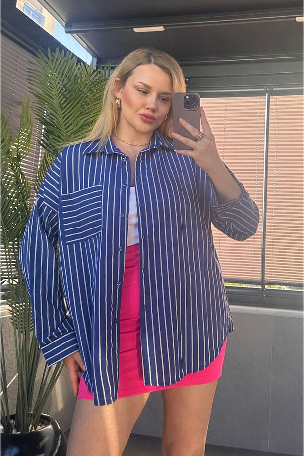 Koyu Mavi Tek Cepli Çizgili Oversize Modal Gömlek - 1