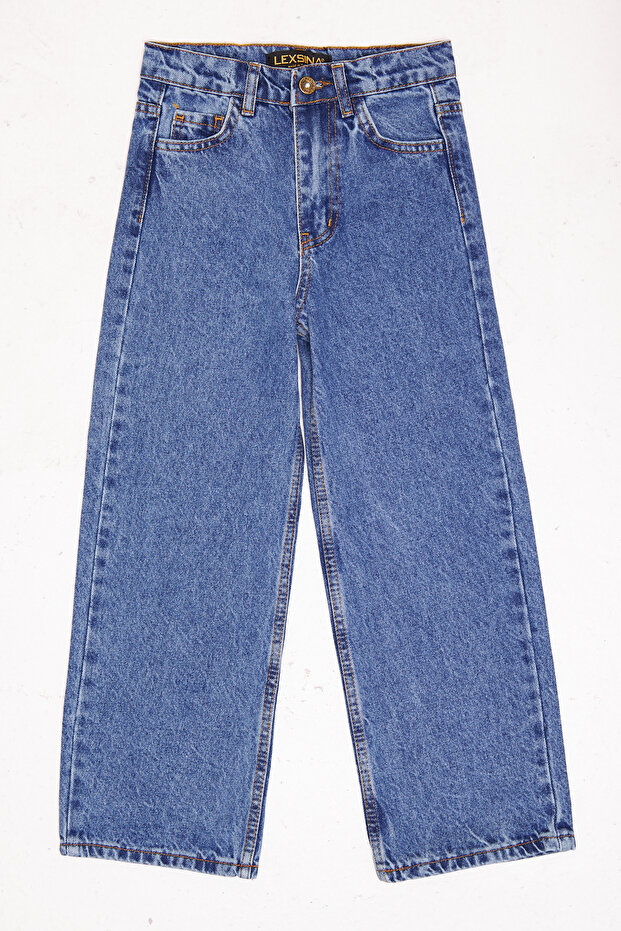 Girl's Blue Palazzo Jean Wide Pants Adjustable Elastic Waist Buttoned Lx301G