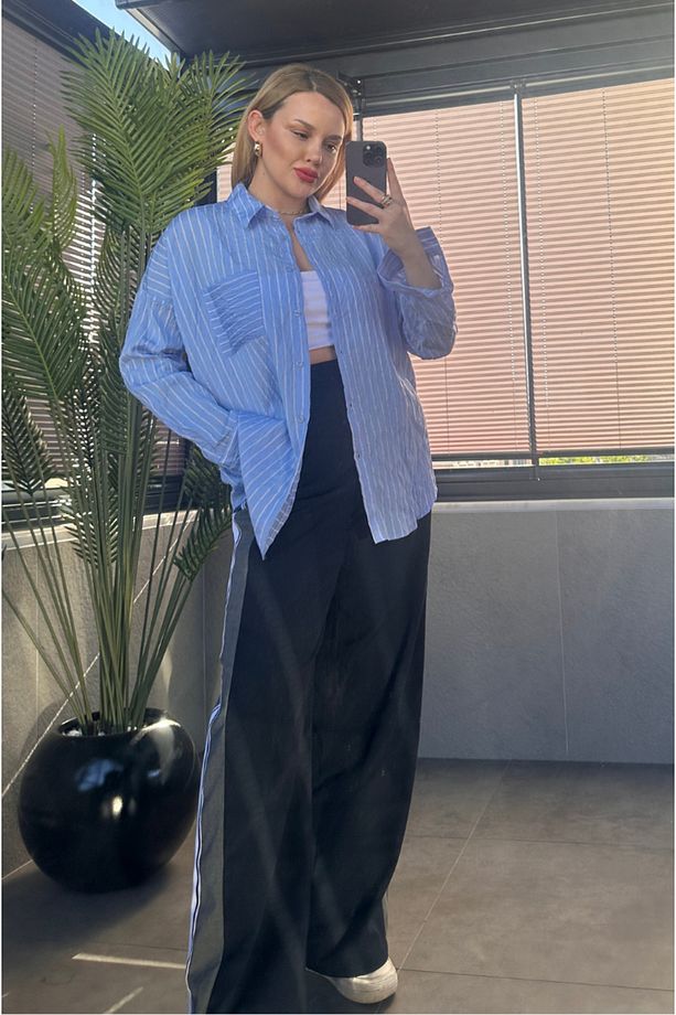 Bebe Mavisi Tek Cepli Çizgili Oversize Modal Gömlek - 3