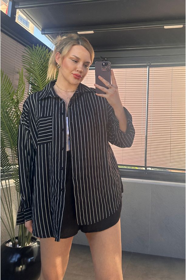 Siyah Tek Cepli Çizgili Oversize Modal Gömlek - 7